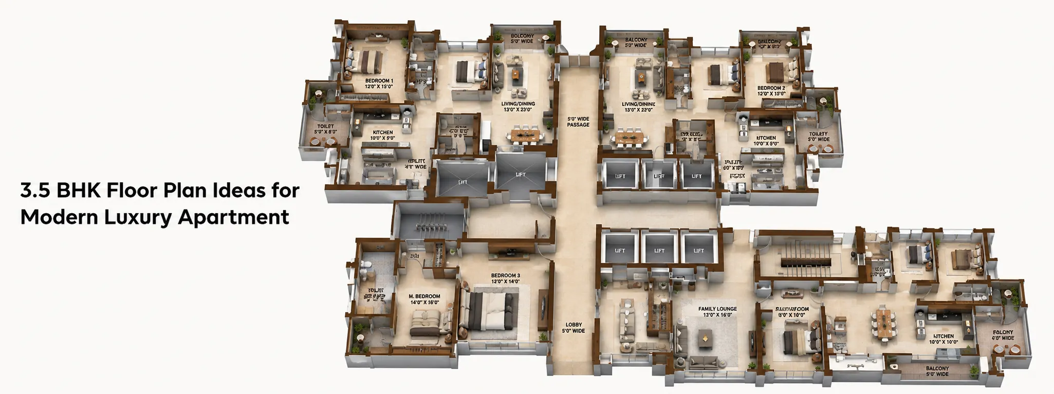 3.5 BHK floor plan for modern luxury apartments with spacious layout